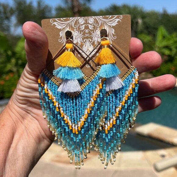 Handmade Beaded Long Tassel Fringe Dangle Drop Bohemian Post Diamond Earrings - Picture 8 of 9